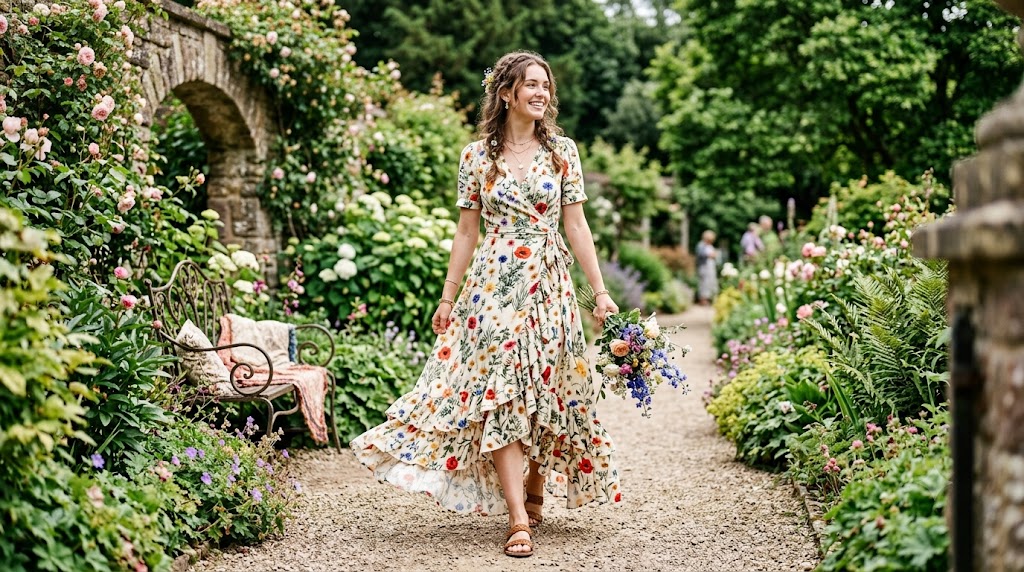 Vintage Wildflower Print Wrap Maxi Dress with Ruffled Trim